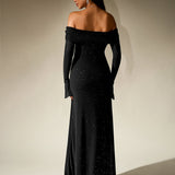 Off-Shoulder Flounce Sleeve Sequin Maxi Dress