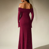 Off-Shoulder Flounce Sleeve Sequin Maxi Dress