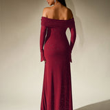 Off-Shoulder Flounce Sleeve Sequin Maxi Dress