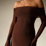 Off-Shoulder Flounce Sleeve Sequin Maxi Dress