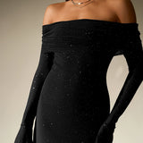 Off-Shoulder Flounce Sleeve Sequin Maxi Dress