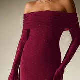 Off-Shoulder Flounce Sleeve Sequin Maxi Dress