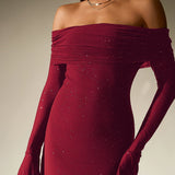 Off-Shoulder Flounce Sleeve Sequin Maxi Dress