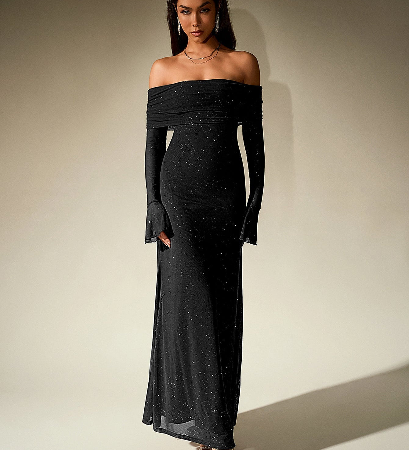 Off-Shoulder Flounce Sleeve Sequin Maxi Dress