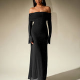 Off-Shoulder Flounce Sleeve Sequin Maxi Dress