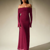 Off-Shoulder Flounce Sleeve Sequin Maxi Dress