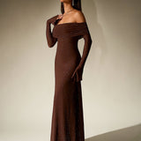 Off-Shoulder Flounce Sleeve Sequin Maxi Dress