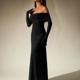 Off-Shoulder Flounce Sleeve Sequin Maxi Dress