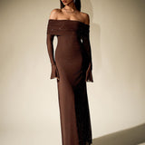 Off-Shoulder Flounce Sleeve Sequin Maxi Dress