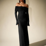 Off-Shoulder Flounce Sleeve Sequin Maxi Dress