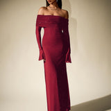 Off-Shoulder Flounce Sleeve Sequin Maxi Dress