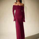 Off-Shoulder Flounce Sleeve Sequin Maxi Dress