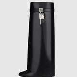 Sculptural Black Wedge Knee-High Boots in Glossy Finish
