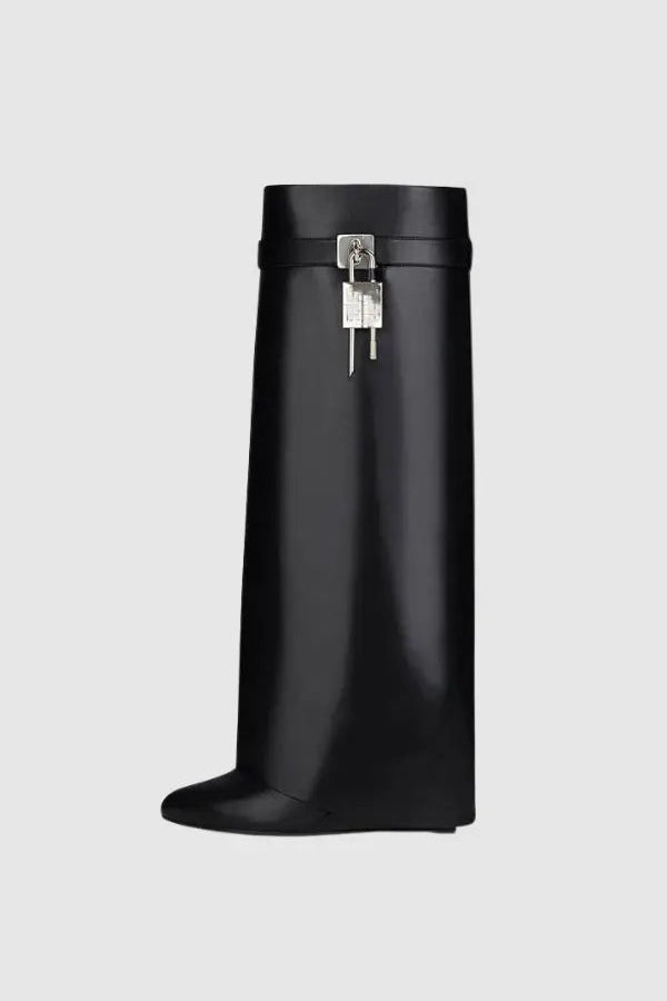 Sculptural Black Wedge Knee-High Boots in Glossy Finish