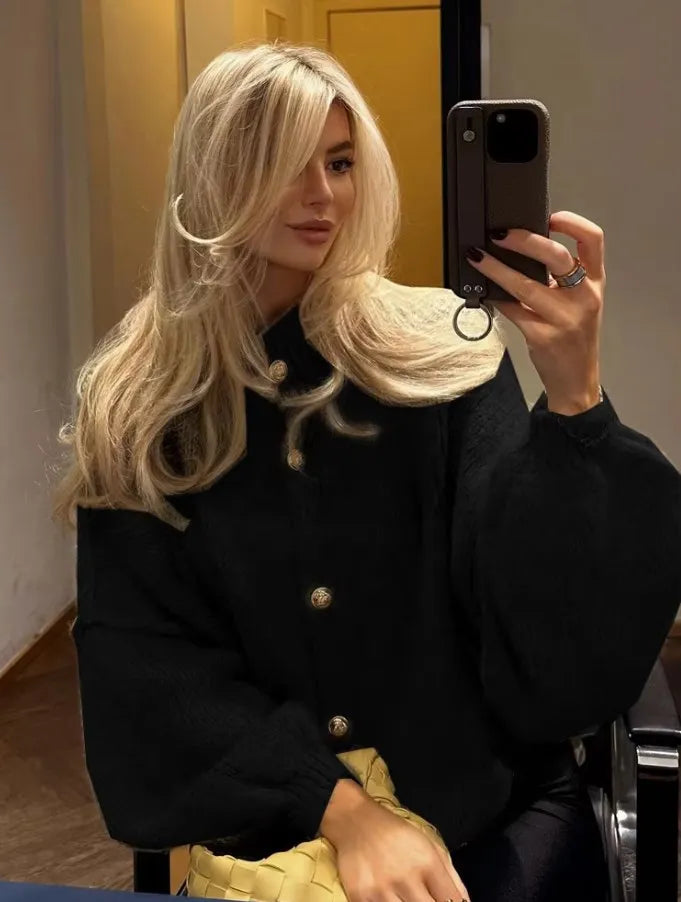 Oversized Knitted Cardigan with Gold Button Detail