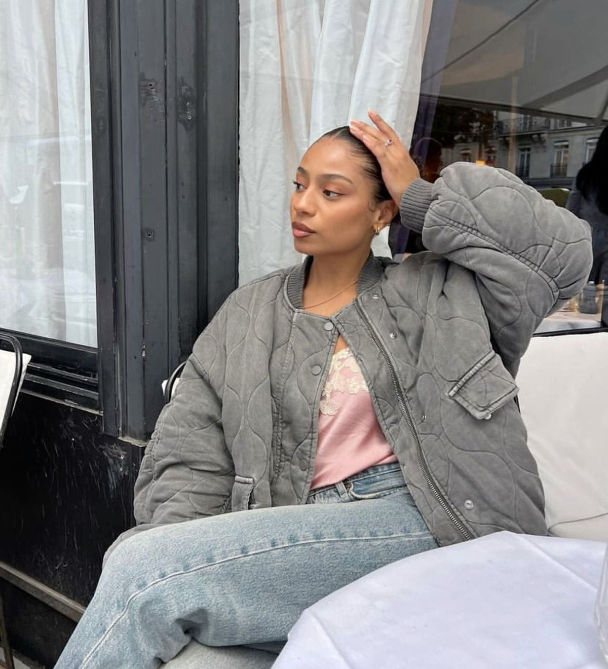 Oversized Quilted Bomber Jacket with Pocket Detail