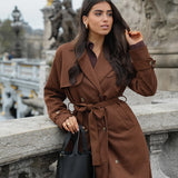 Long Faux Suede Trench Coat with Belted Waist