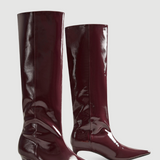 Burgundy Patent Knee-High Boots with Pointed Toe and Kitten Heel