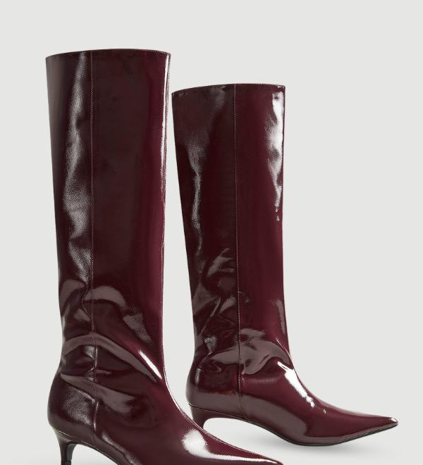 Burgundy Patent Knee-High Boots with Pointed Toe and Kitten Heel