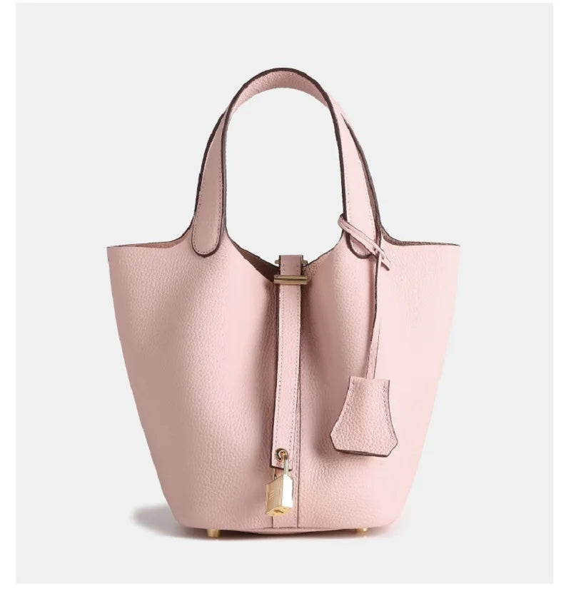 Elegant Textured Leather Bucket Bag with Gold Lock