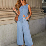 Sleeveless Denim Co-Ord Set with Wide-Leg Trousers