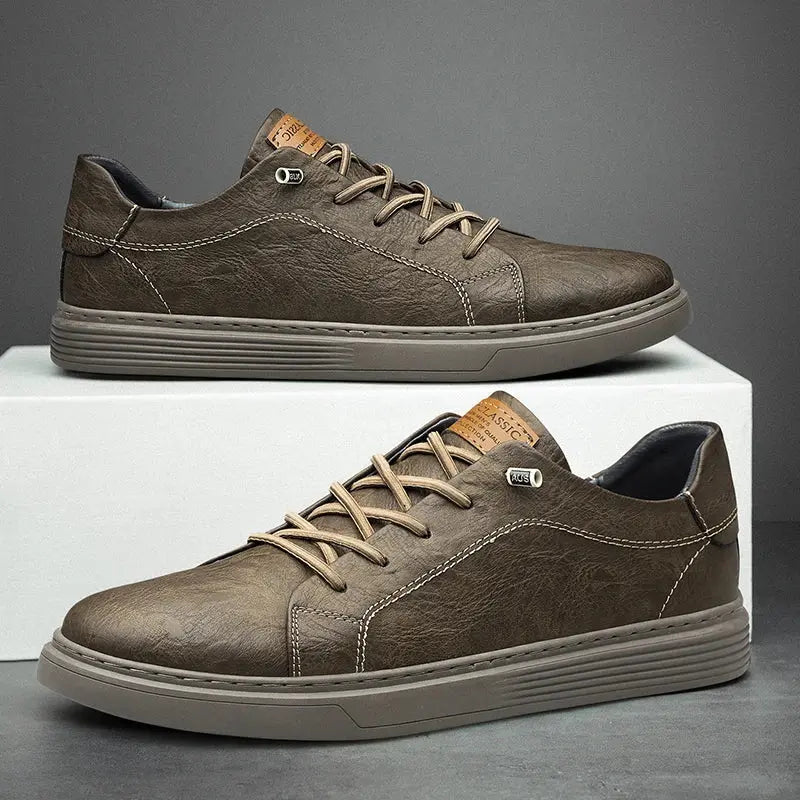 Orizelle | Men's Black Textured Leather-Look Trainers – Casual Low-Top Sneakers with Tan Laces