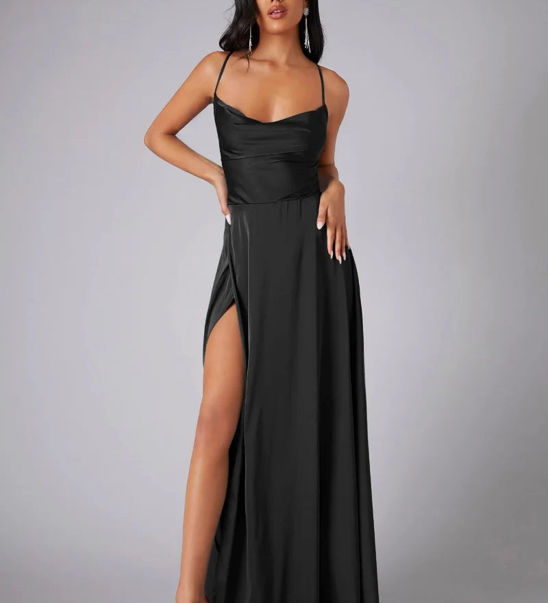 Satin Cowl Neck Maxi Dress with Side Slit