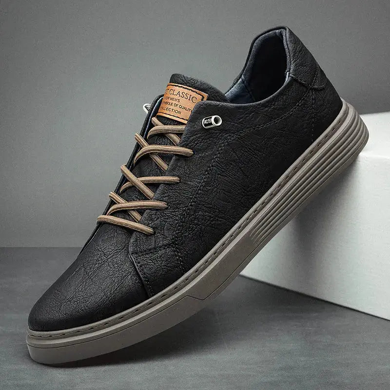 Orizelle | Men's Black Textured Leather-Look Trainers – Casual Low-Top Sneakers with Tan Laces