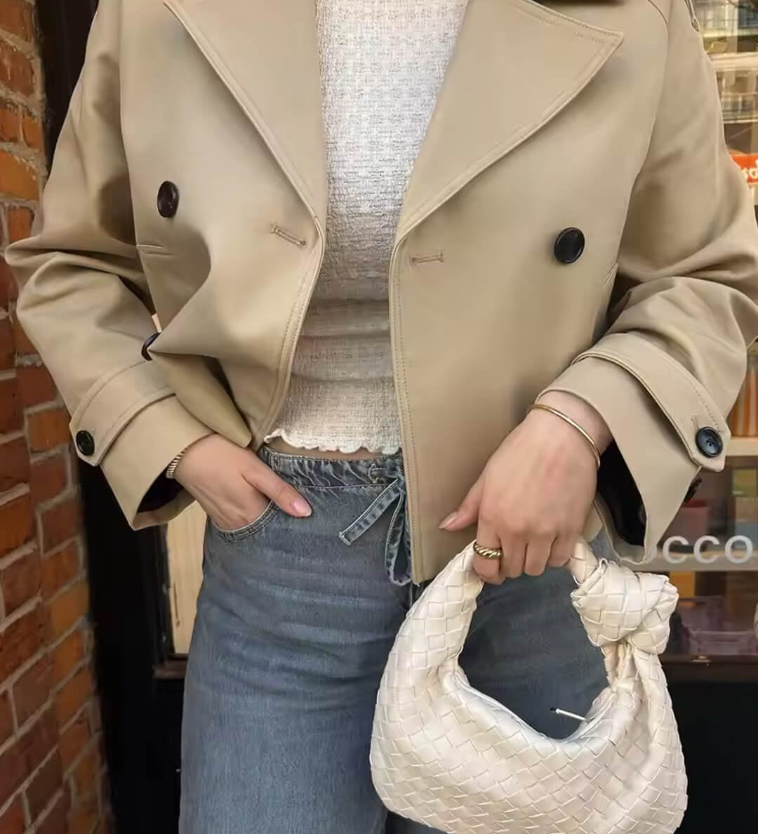 Cropped Double-Breasted Trench Coat with Contrast Buttons