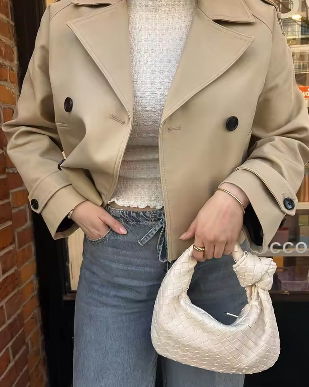 Cropped Double-Breasted Trench Coat with Contrast Buttons