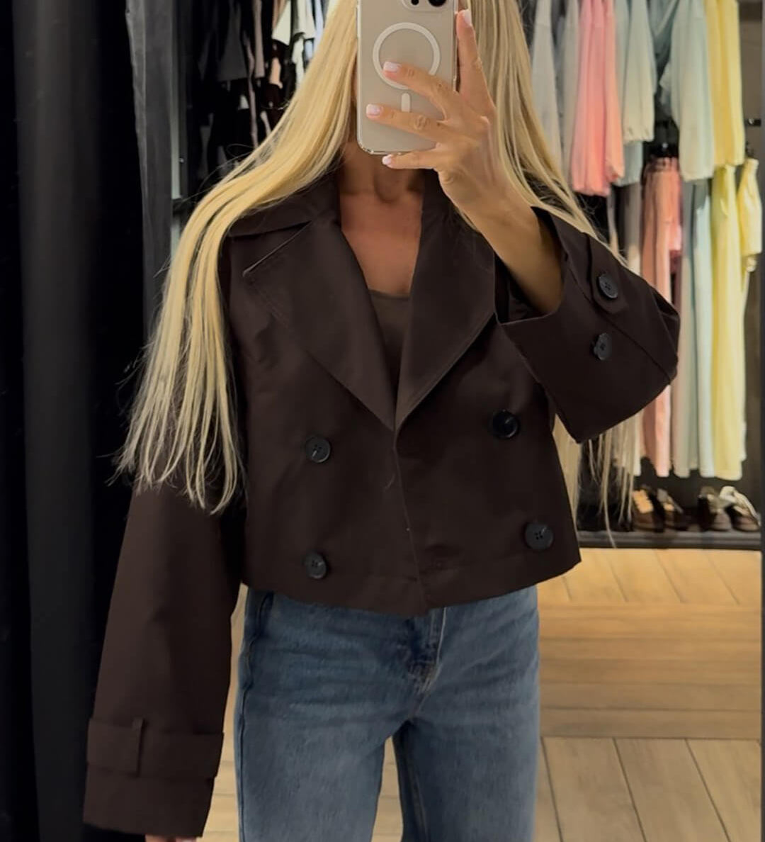 Cropped Double-Breasted Trench Coat with Contrast Buttons