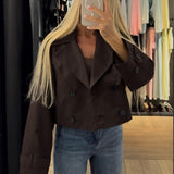 Cropped Double-Breasted Trench Coat with Contrast Buttons