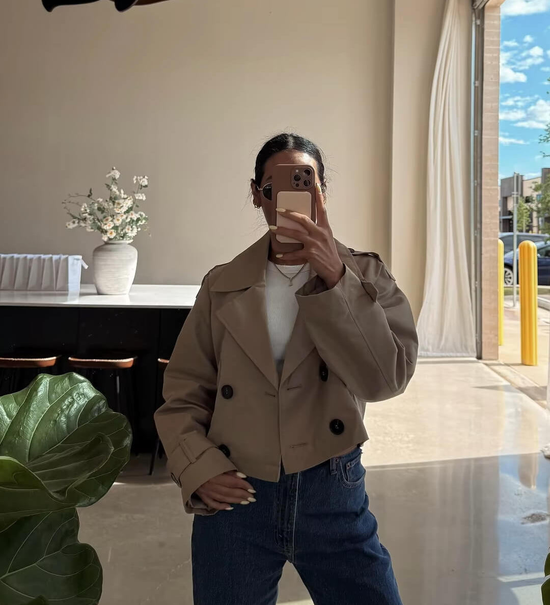 Cropped Double-Breasted Trench Coat with Contrast Buttons