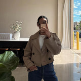 Cropped Double-Breasted Trench Coat with Contrast Buttons