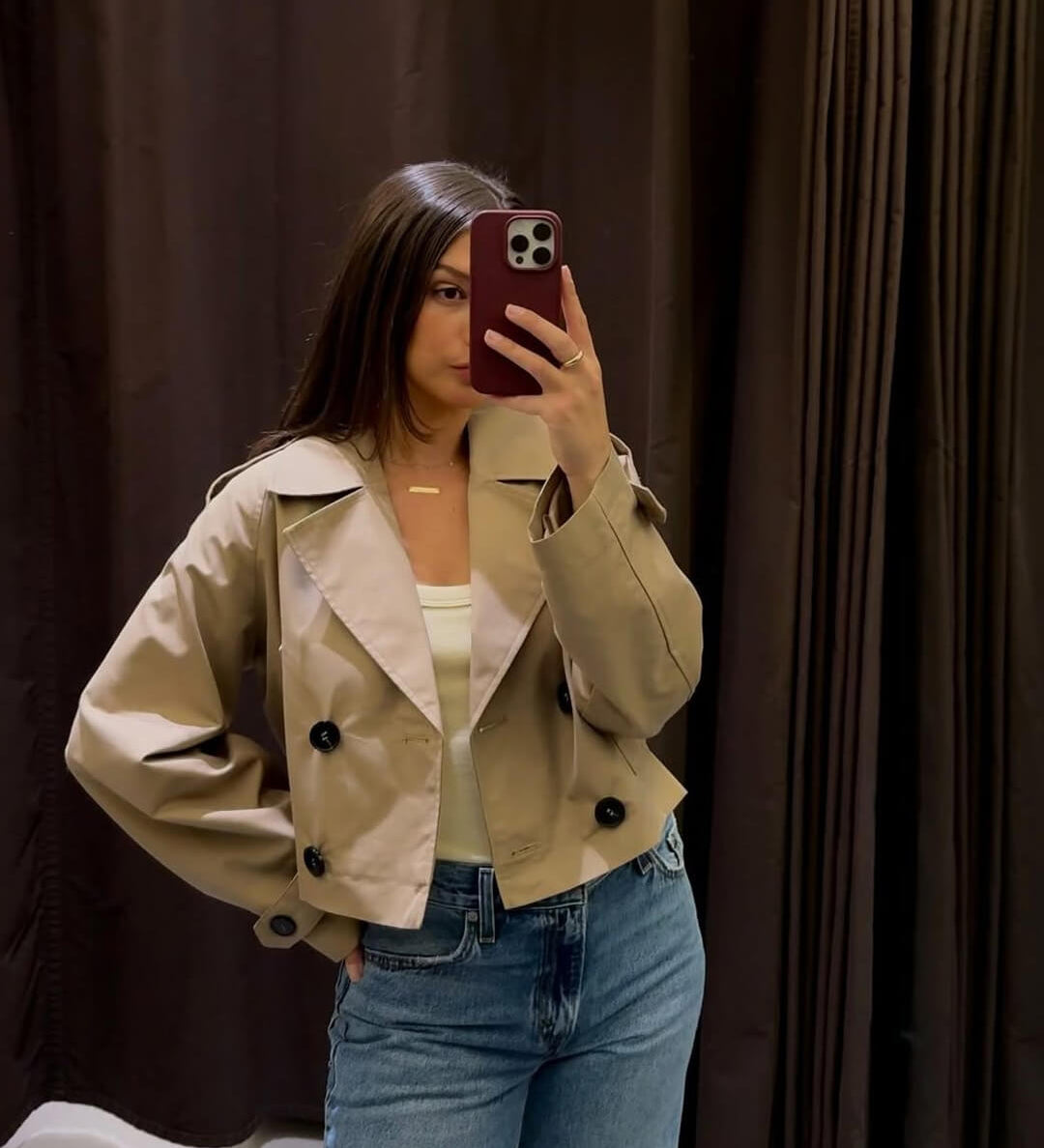 Cropped Double-Breasted Trench Coat with Contrast Buttons