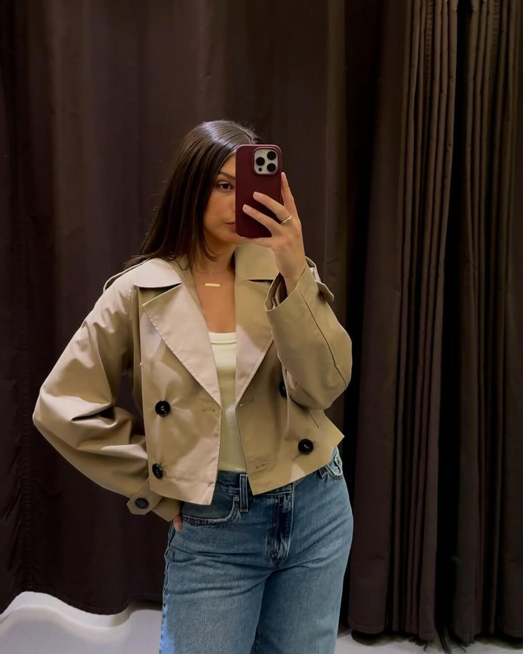 Cropped Double-Breasted Trench Coat with Contrast Buttons