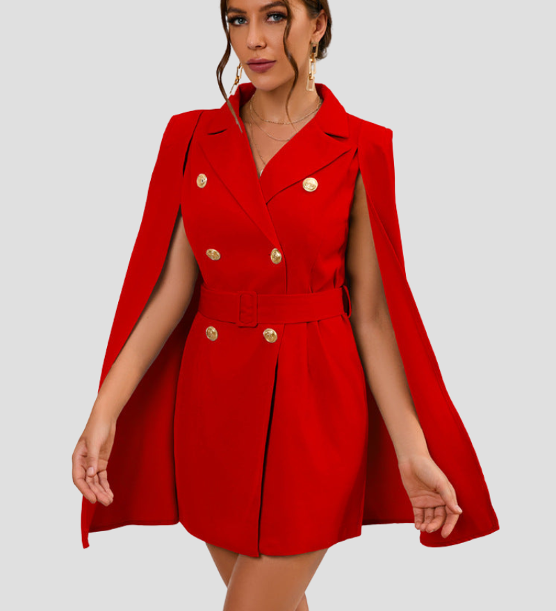 Cape Blazer Mini Dress with Gold Button Details