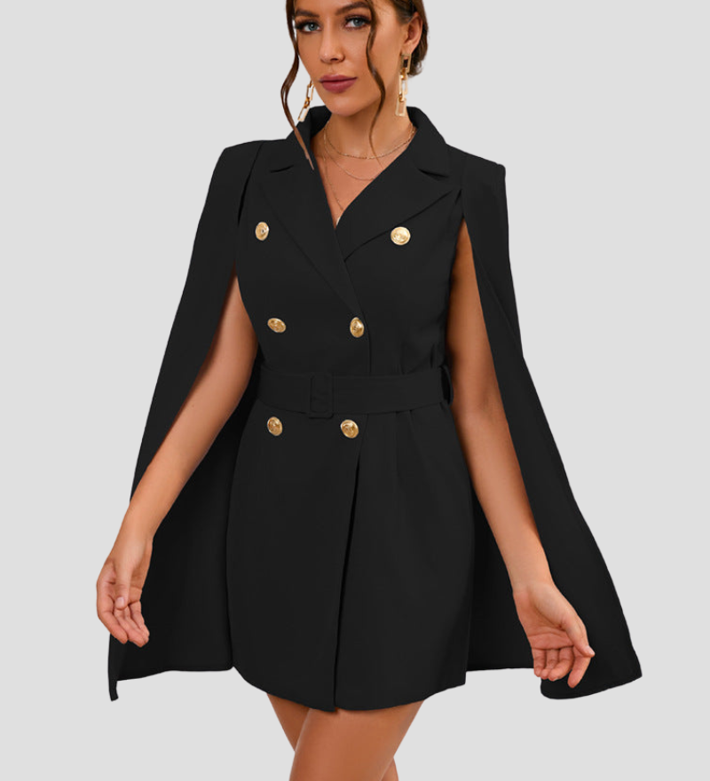 Cape Blazer Mini Dress with Gold Button Details