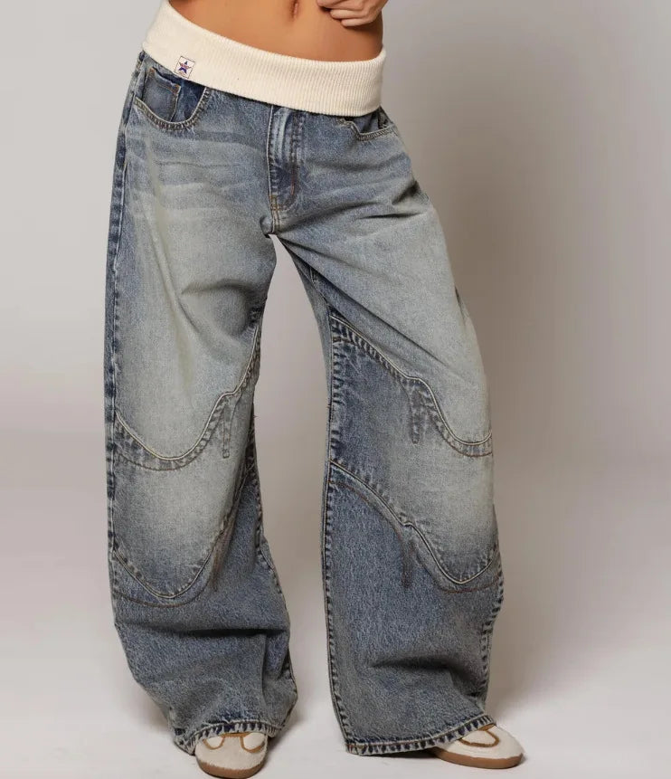 Y2K Style Baggy Wide Leg Jeans | Vintage Light Wash with Ribbed Waistband
