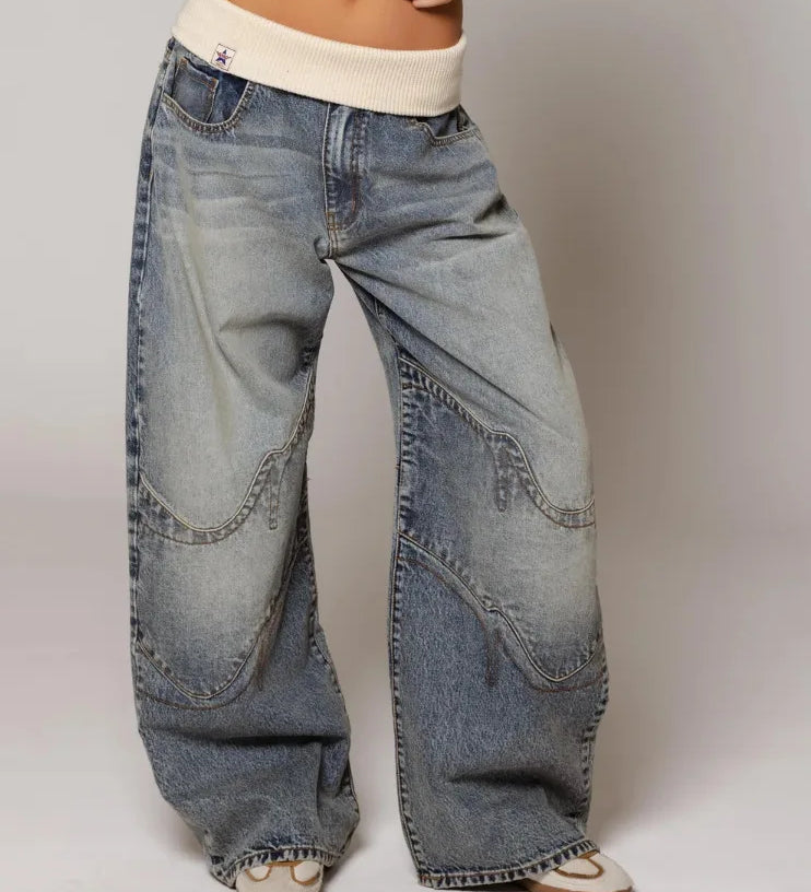 Y2K Baggy Wide Leg Jeans with Ribbed Waistband