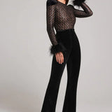 Velvet Flared Jumpsuit with Feather Cuffs and Sheer Sequin Bodice