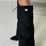 Sculptural Knee-High Wedge Boots in Faux Suede with Buckle Detail