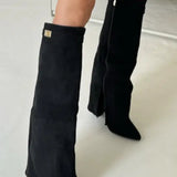 Sculptural Knee-High Wedge Boots in Faux Suede with Buckle Detail