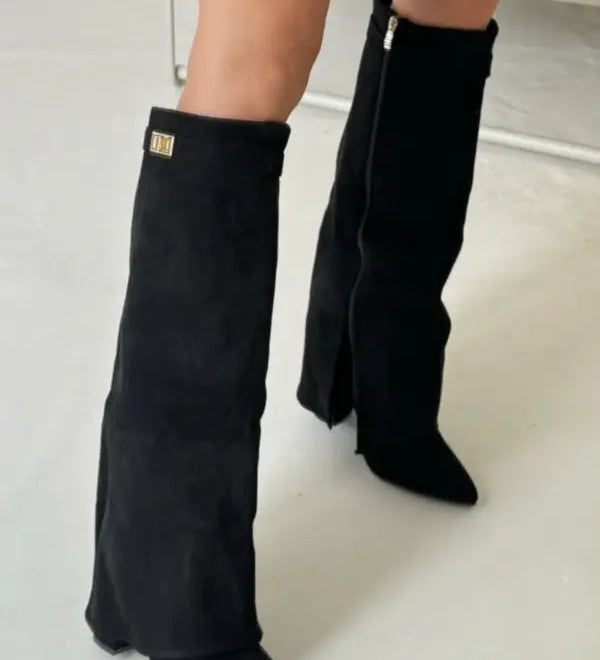 Sculptural Knee-High Wedge Boots in Faux Suede with Buckle Detail