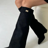 Sculptural Knee-High Wedge Boots in Faux Suede with Buckle Detail