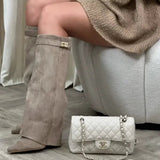 Sculptural Knee-High Wedge Boots in Faux Suede with Buckle Detail