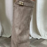 Sculptural Knee-High Wedge Boots in Faux Suede with Buckle Detail