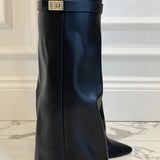 Sculptural Knee-High Wedge Boots in Faux Suede with Buckle Detail