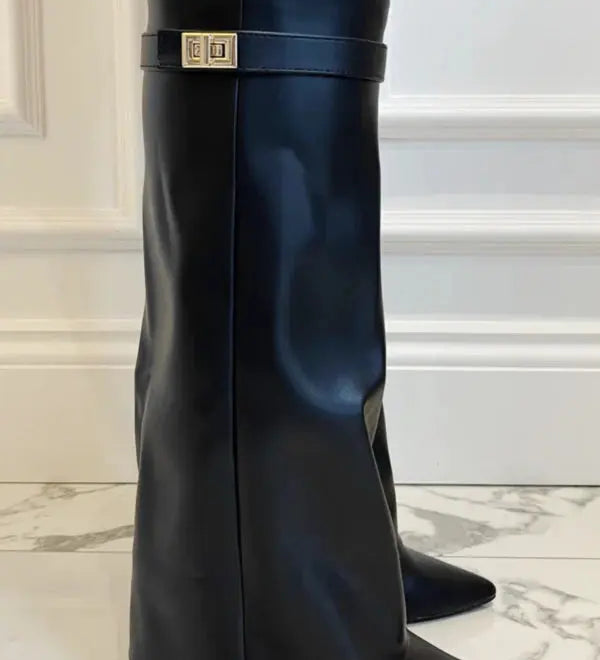 Sculptural Knee-High Wedge Boots in Faux Suede with Buckle Detail