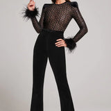 Velvet Flared Jumpsuit with Feather Cuffs and Sheer Sequin Bodice